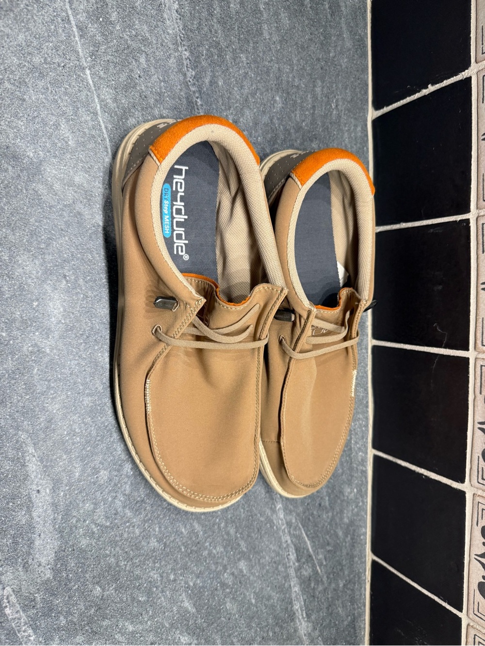 Hey Dude Tan Slip-On Loafers with Orange Heel Accent